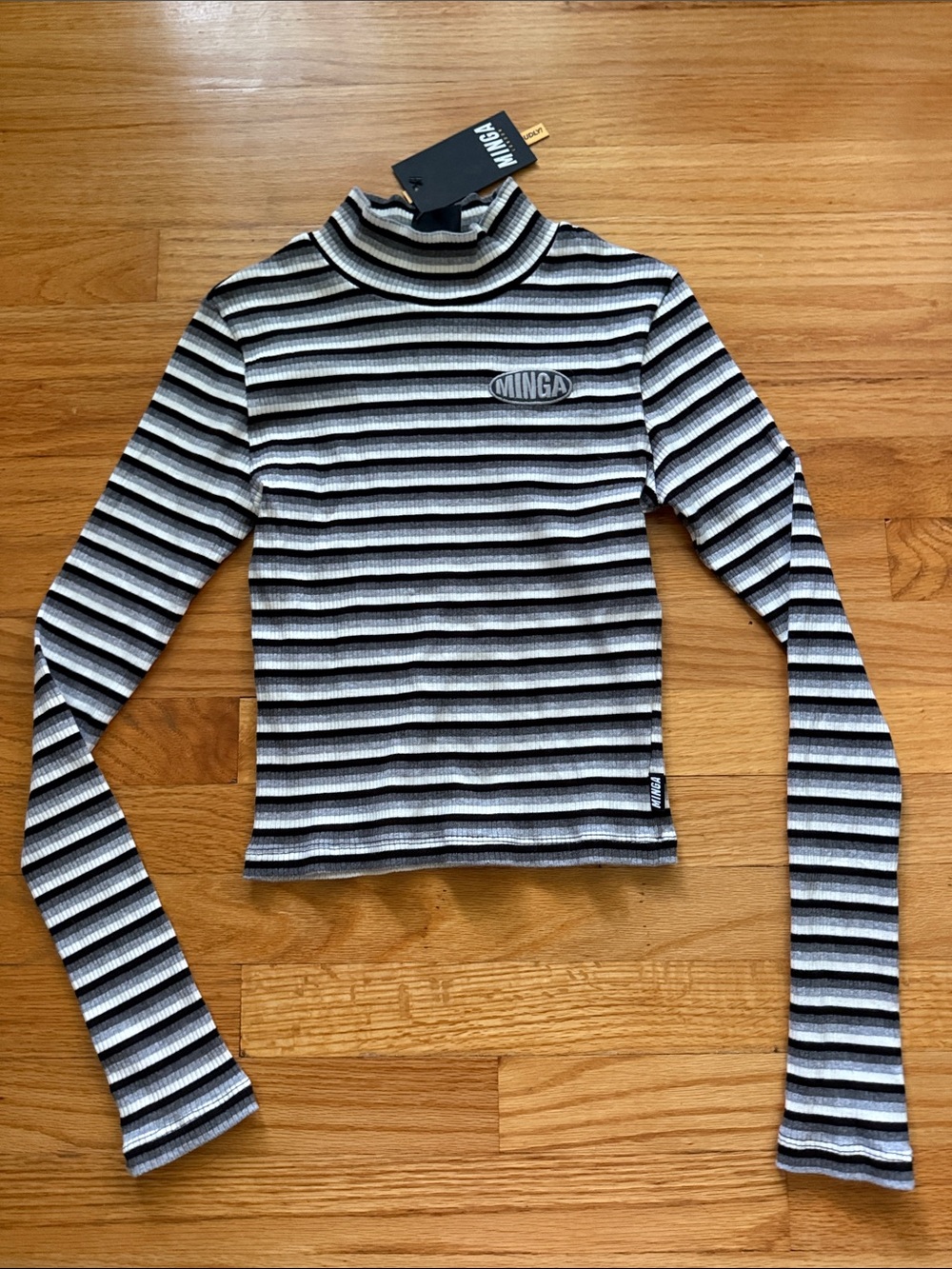 Minga London Mock Neck Striped Ribbed Cropped Sweater